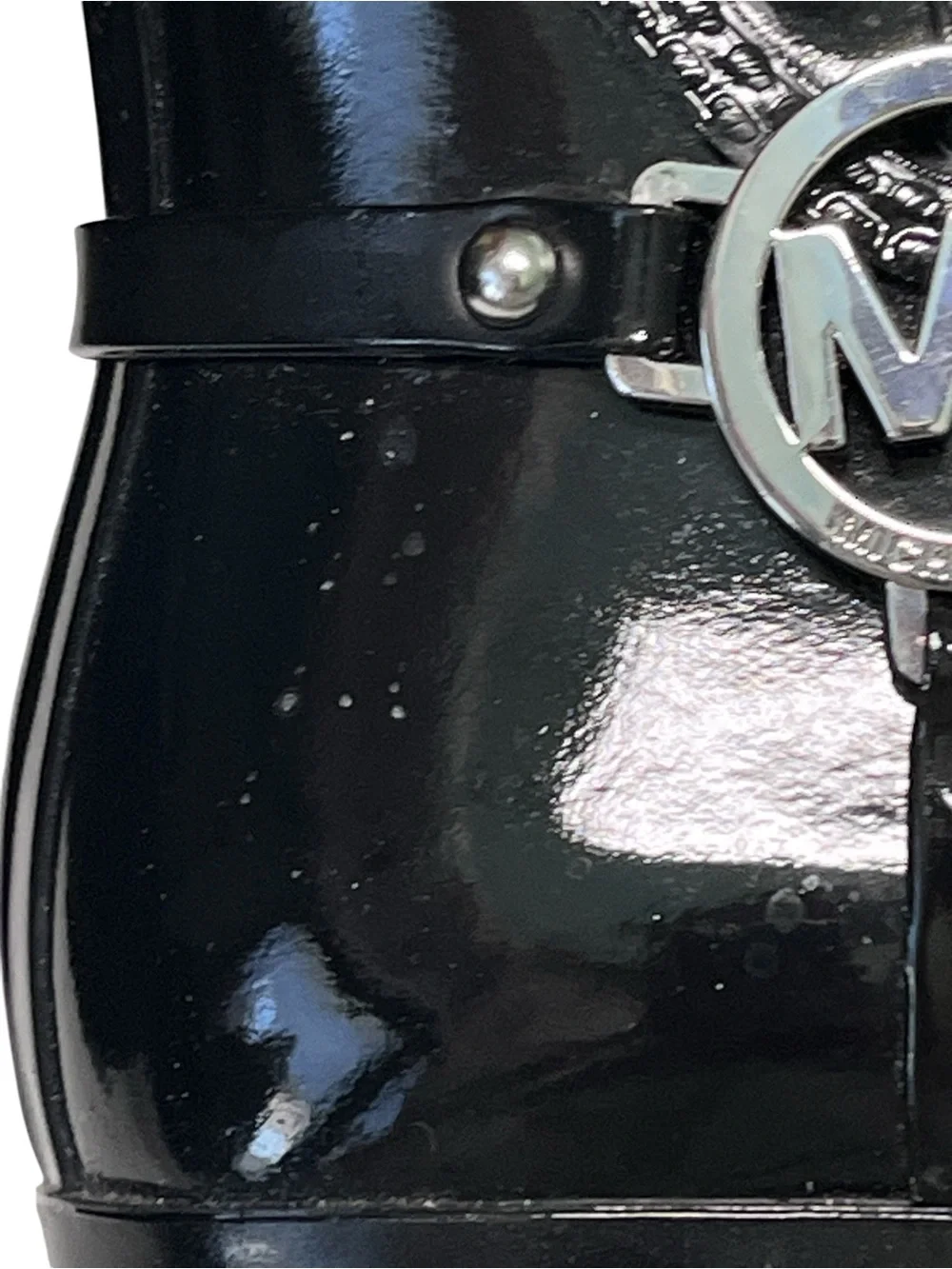 MICHAEL KORS Fulton Rubber Slip-On Rain Boots Booties Glossy Black Silver Logo 8